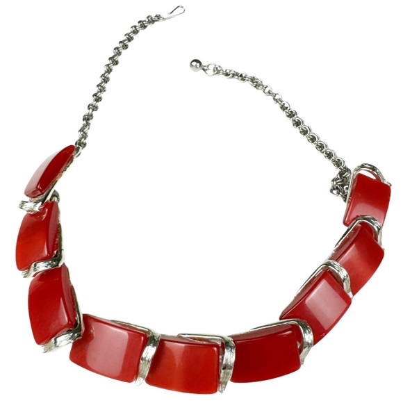 Red Thermoset Lucite and Silver Tone Linked Choker Necklace - Picture 1 of 12
